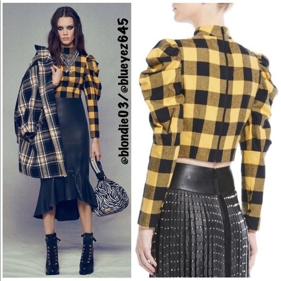 Alice + Olivia “Brenna” check puff sleeve top 2 - Picture 2 of 5
